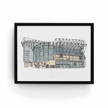 Load image into Gallery viewer, A hand drawn and painted Newcastle United print of St James&#39; Park. The print is signed by the artist and photographed in a black frame.
