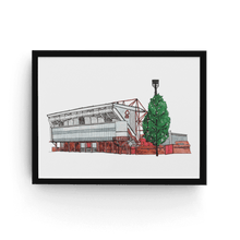 Load image into Gallery viewer, A pen and watercolour painting of Nottingham Forest Football Ground. The piece is photographed in a black frame. 
