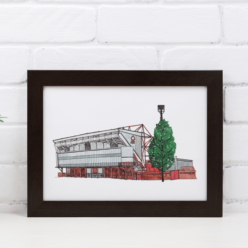 A framed print of Nottingham Forest Football Stadium, the detailed illustration is hand drawn by the artist Jessica Sian. The print is signed by the artist and photographed in a black frame.