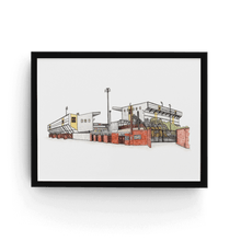 Load image into Gallery viewer, A print of Meadow Lane, home to Notts County FC, the wall art is printed from the artists original illustration, signed and framed in a black frame.
