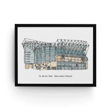 Load image into Gallery viewer, A personalised Newcastle United print, the print shows the club&#39;s stadium with the words &#39;St. James&#39; Park - Newcastle United&#39; underneath it.
