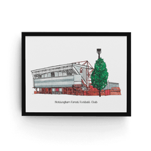 Load image into Gallery viewer, A personalised Nottingham Forest football club print of the City Ground. The full colour illustration has the words &#39;Nottingham Forest Football Club&#39; printed underneath it.
