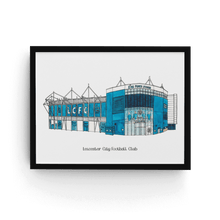 Load image into Gallery viewer, Leicester City wall art. A print of the football ground home to Leicester Foxes, printed from Jessica Sian&#39;s original illustrations. Personalised with the club name printed underneath.  
