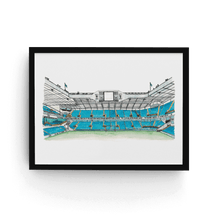 Load image into Gallery viewer, Tottenham Hotspur football stadium painting by Jessica Sian. The piece is a detailed pen and watercolour painting in a plain black frame.
