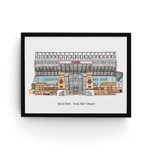 Load image into Gallery viewer, A framed personalised illustration of West Ham United&#39;s former ground, Upton Park. The piece has the club and stadium names printed below the painting.
