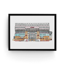 Load image into Gallery viewer, West Ham wall art, the full colour print is printed from Jessica Sian&#39;s hand drawn illustrations. Photographed in a black frame.
