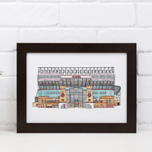 Load image into Gallery viewer, A framed print of West Ham United&#39;s Football Stadium, Upton Park. The piece is printed from Jessica Sian&#39;s original fineliner and watercolour artwork of the football ground.
