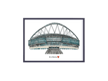 Load image into Gallery viewer, A hand drawn print of Wembley stadium by the artist Jessica Sian. The piece has &#39;It&#39;s Home&#39; and a love heart below the drawing. 
