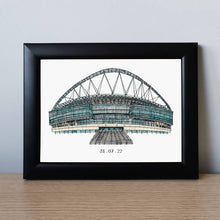 Load image into Gallery viewer, A detailed pen and watercolour print of Wembley stadium with the date 31 . 07 . 22 underneath, the date England won the Euros.
