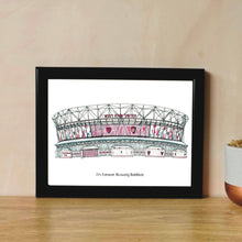 Load image into Gallery viewer, The London Stadium West Ham United print with the words &#39;I&#39;m Forever Blowing Bubbles&#39; underneath.
