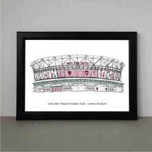 Load image into Gallery viewer, The London Stadium print with the text &#39;West Ham United Football Club - London Stadium&#39; printed underneath.

