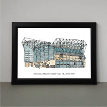 Load image into Gallery viewer, A detailed Newcastle United print of St James&#39; Park Stadium hand drawn by the artist Jessica Sian.

