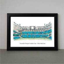 Load image into Gallery viewer, A Tottenham Hotspur Art Print of White Hart Lane Stadium. Printed from Jessica Sian&#39;s original, hand drawn illustrations. Photographed in a black frame on a grey background.

