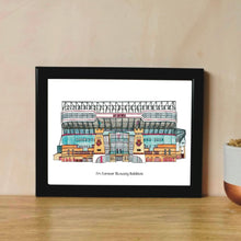Load image into Gallery viewer, A personalised West Ham United print, the detailed painting of the Boleyn Ground has the words &#39;I&#39;m Forever Blowing Bubbles&#39; printed underneath it.
