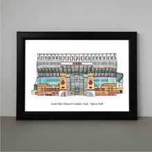 Load image into Gallery viewer, A detailed West Ham print of the Upton Park ground with the text &#39;West Ham United Football Club - Upton Park&#39; underneath. The piece is a pen and watercolour painting by Jessica Sian.
