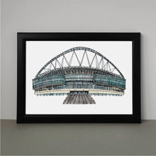 Load image into Gallery viewer, A hand-drawn print of Wembley Stadium, where England&#39;s Women&#39;s Football team won the 2022 Euros. The piece is in a black frame.
