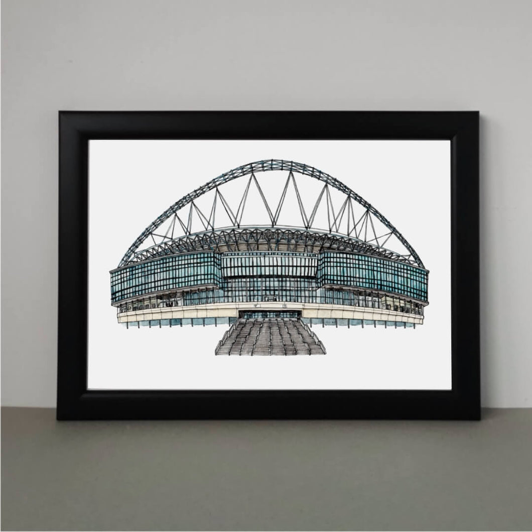 A hand-drawn print of Wembley Stadium, where England's Women's Football team won the 2022 Euros. The piece is in a black frame.