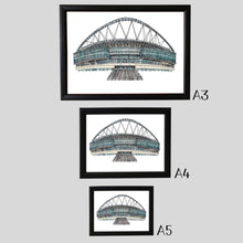 Load image into Gallery viewer, Three copies of Jessica Sian&#39;s Wembley Stadium print to show the different sizes; A5, A4 and A3.
