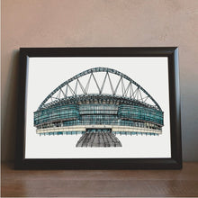 Load image into Gallery viewer, A hand-drawn pen and watercolour print of Wembley Stadium, where England&#39;s Women&#39;s Football team won the 2022 Euros. The piece is in a black frame.
