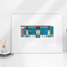Load image into Gallery viewer, Manchester City Football Club wall art. The piece is a hand drawn, pen and watercolour print of the Maine Road stadium, in a white frame.
