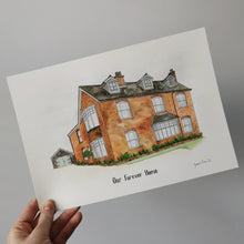 Load image into Gallery viewer, A pen and watercolour illustration of a brick house with a garage and flowerbeds around it. Underneath the painting are the words &#39;Our Forever Home&#39;
