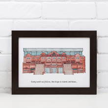 Load image into Gallery viewer, A personalised print of Aston Villa Football Stadium, the piece has the quote &#39;Every week we follow, the boys in claret and blue…&#39; printed underneath.

