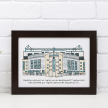 Load image into Gallery viewer, A detailed illustration of Stamford Bridge football stadium with a Chelsea FC chant printed underneath. Framed in a black frame.
