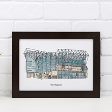 Load image into Gallery viewer, A personalised Newcastle United painting of St James&#39; Park. The print is from the artist&#39;s original painting and is personalised with &#39;The Magpies&#39; printed underneath the illustration.
