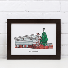 Load image into Gallery viewer, Personalised Nottingham Forest Print of the City Ground with the words &#39;No. 1 Forest Fan&#39; printed underneath the painting.
