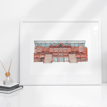 Load image into Gallery viewer, An A4 Villa Park Print, printed from the artists&#39; hand drawn and painted illustration. Framed in a white frame.
